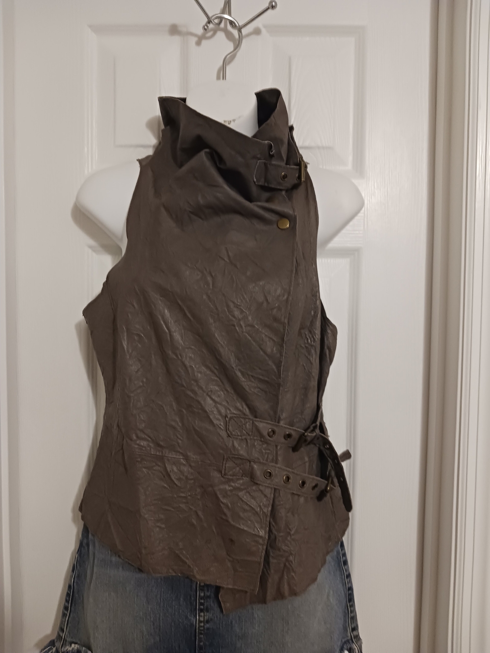 Grunge Brown Sleeveless High-Neck Geniune Leather Vest Double Buckle Small